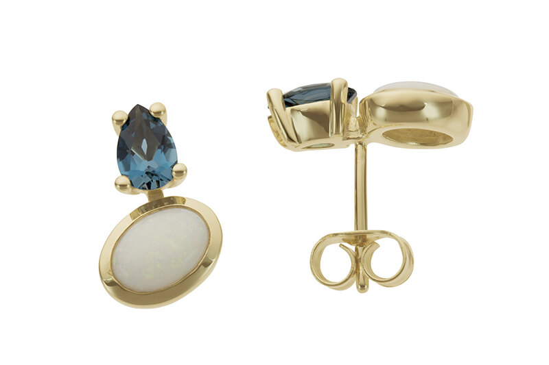 Haakonsen ørepynt i gull med opal og topas.