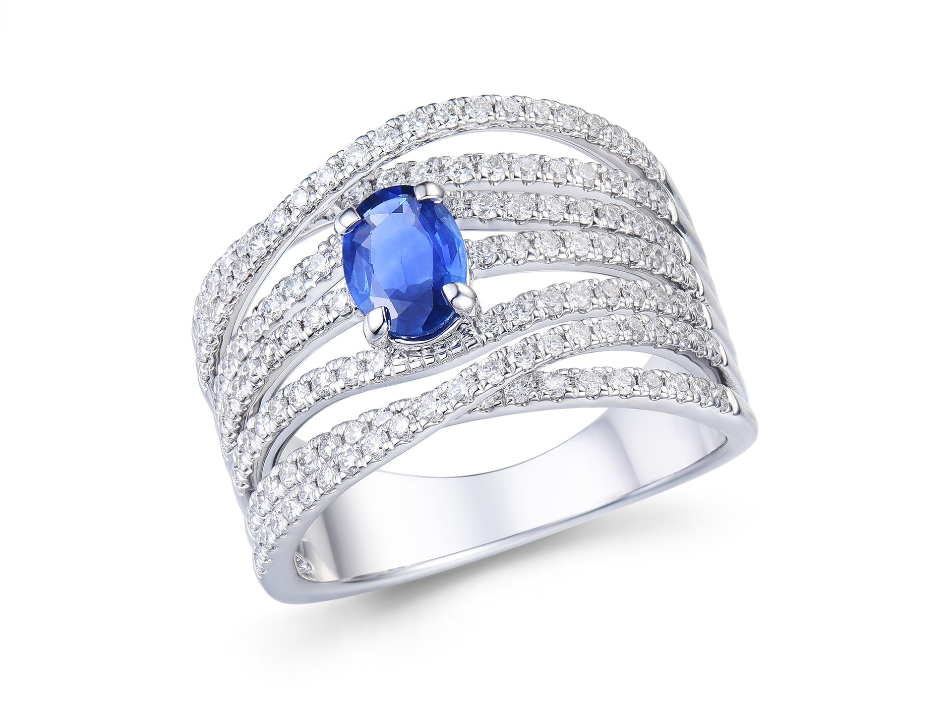 Haakonsen ring i hvitt gull med safir og diamanter 0.83 ct.